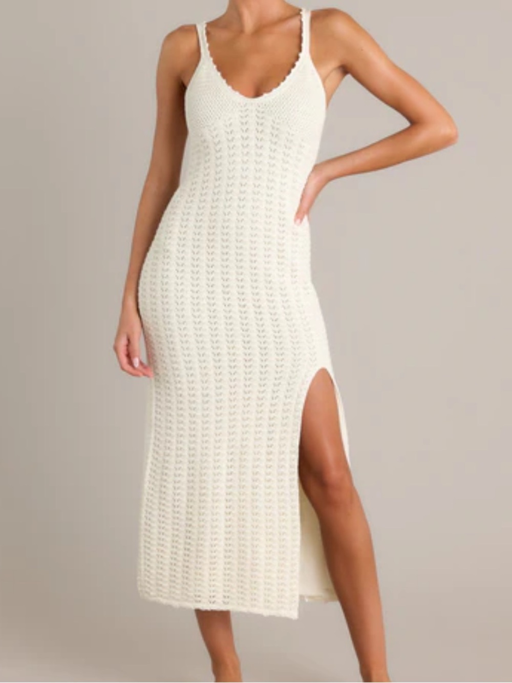 NWT Freshman 1996 Beige Crochet Knit Maxi Slip Dress with Side Slit Size medium